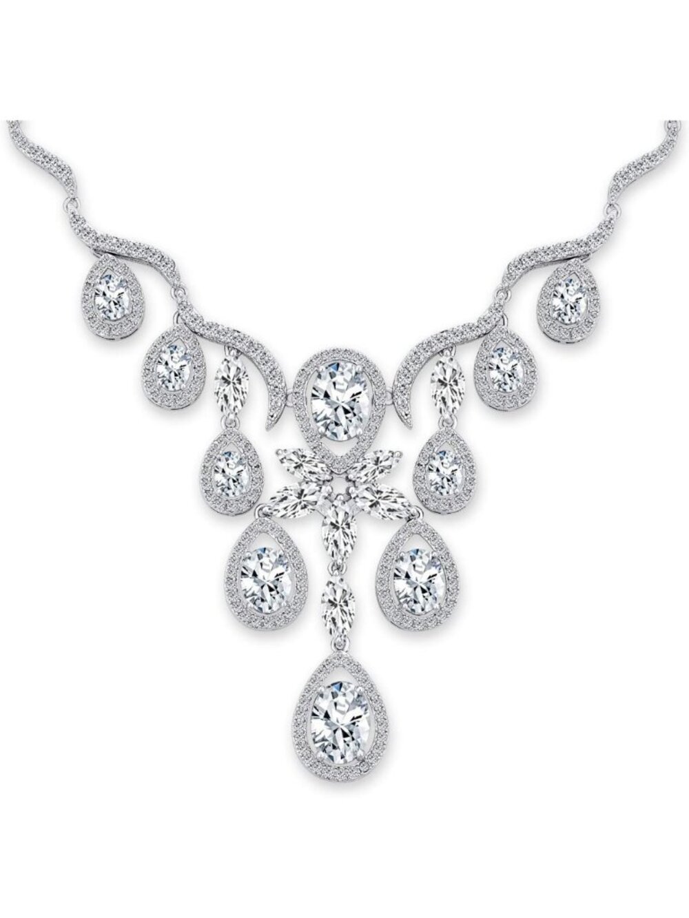 Stunning Multi Teardrop Statement Necklace in Red, Blue & Clear CZ for Cocktail